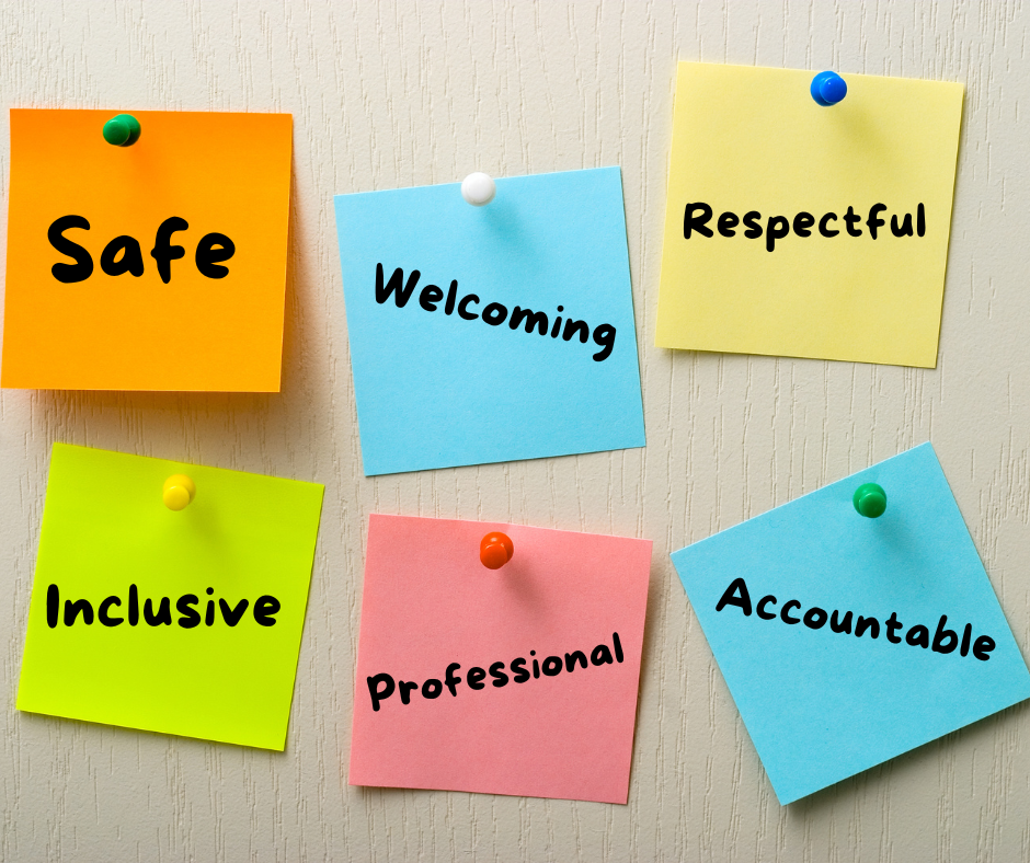 A white wood background has six colored post-it notes tacked on to it. The top left note is orange and says 'safe'. The top middle note is blue and says 'welcoming'. The top right note is yellow and says 'respectful'. The bottom left note is bright green and says 'inclusive'. The bottom middle note is pink and says 'professional'. The bottom left note is blue and says 'accountable'. 
